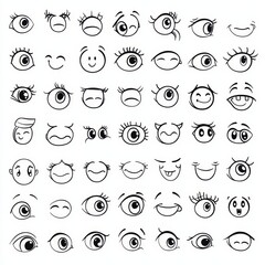 Aufkleber - Japanese style cartoon eyes and mouths. Cute emoticon emoji characters. Japanese anime illustration of an emoticon smile.