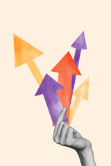 Wall Mural - vertical poster collage hand body fragment arrow indicator upwards achieve goal aim target increase 