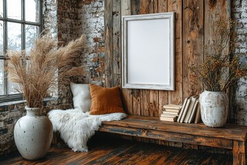 Poster - The background is white and there is a horizontal white frame mockup on a wooden bench and table. There are modern white ceramic vases with pine tree branches and ornaments.