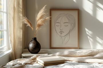 Aufkleber - This template features an elegant interior of a living room with a mock up poster frame, wooden commode, book, vase of eucalyptus leaves, and elegant accessories. A minimalist concept of home decor
