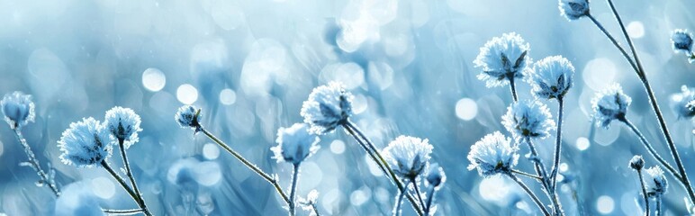 Poster - A forest floor covered with dry plants, close-up. Morning fog. Sunny winter day. Seasons, climate change, ecology, botany. Blue and white background. Macrophotography, copy space, panorama.