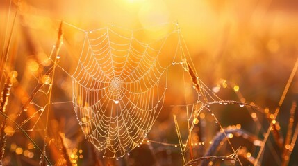 Spider web glistening with dewdrops in field at dawn Delicate web is intricately woven among tall grasses with early morning mist and soft sunrise colors creating serene backdrop