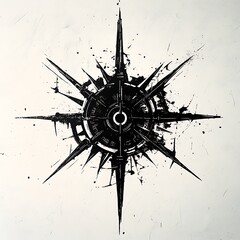 Poster - A black and white illustration of a stylized compass with a radial design.
