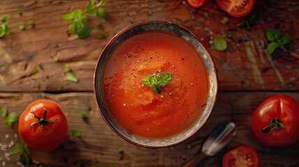 Overhead view of a tomato and red pepper soup recipe