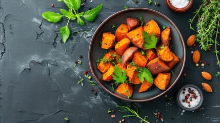 Roasted sweet potatoes with herbs in ceramic bowl on healthy vegan meal directly above