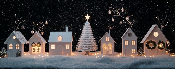 Leinwandbilder - Winter wonderland with fir tree decoration and white paper houses in 3D Rendering and Illustration
