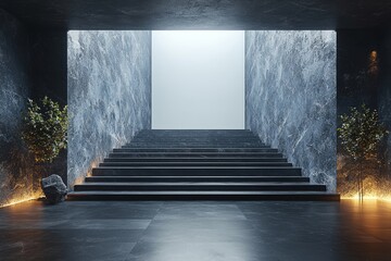 Poster - View from above on large white illuminated screen with space for your text or logo in empty huge hall with stage and stairs. 3D rendering, mockup.
