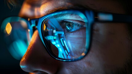 Leinwandbilder - Eyes in glasses looking at computer screen with computer reflection at eyeglasses. Using computer, working online, tracking databases.