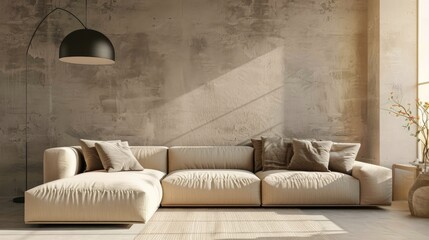 Aufkleber - Beige living room with a large corner sofa and a designer floor lamp
