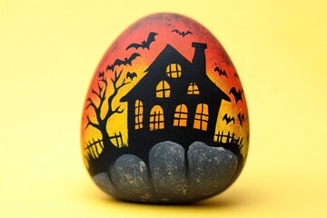 A painted rock with the silhouette of an old, haunted house on it, surrounded by flying bats and glowing windows, against a bright yellow background