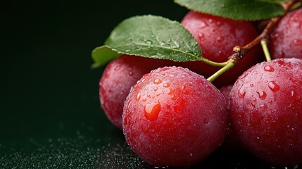 Close-up shot of fresh red plums with water droplets on the surface, resting on green leaves, showcasing the fruit’s freshness and natural appeal.