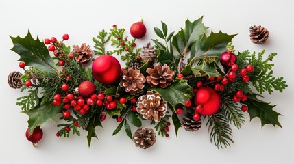 Christmas arrangement with red bauble decorations holly mistletoe ivy acorns and cedar cypress on white background Xmas and New Year decorative display Flat lay top view copy space