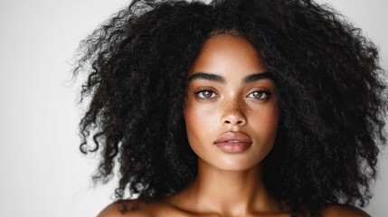 A portrait of a woman with voluminous curly hair and freckles, posing against a simple white background, exuding confidence and natural beauty.