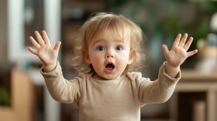 A baby expressing surprise, hands up, in a cozy home environment. Eyes wide open, showcasing a mix of excitement and wonder in a peaceful, charming atmosphere.