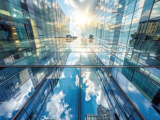 Modern glass skyscrapers reflecting the sky and clouds, creating a stunning portrayal of urban architecture under a bright sunny day.