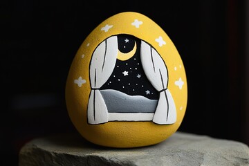 A yellow oval-shaped painted rock with an open window at night, featuring white stars and a crescent moon inside the window