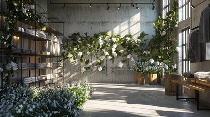 Cotton plants are displayed in an environmentally friendly t shirt store highlighting the raw materials used for sustainable fashion The setting promotes eco consciousness and natural fiber usage