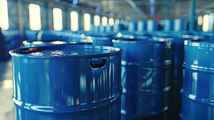 Blue metal barrels Chemical industry Metal barrels for chemicals Chemical storage tanks Barrels for shipment from stock Warehouse work Logistics in stock