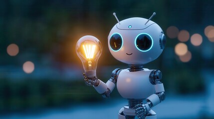 Cute robot holding glowing light bulb in a serene outdoor setting