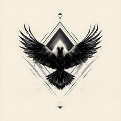 Leinwandbilder - A black raven with spread wings inside a geometric diamond design on a white background.