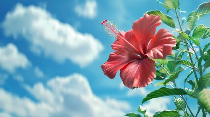 Tropical Red Hibiscus flower and greenery against blue sky