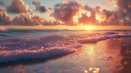 Poster - Ocean beach sand closeup at sunset sunrise landscape outdoor Beautiful colorful sky with clouds natural island sea with copy space sun rays seascape dream nature Inspirational shore coast