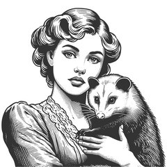 Wall Mural - woman holding possum or a ferret. emotional bond between them sketch engraving generative ai fictional character raster illustration. Scratch board imitation. Black and white image.