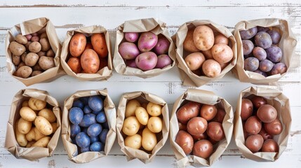 Various varieties of new colorful white red and purple potatoes in paper bags on white wooden background top view