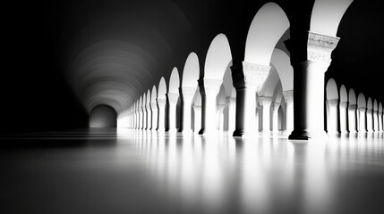  A monochrome image of a pillar line in a dim room, illuminated from above by ceiling light