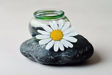 A white daisy painted on top of a rock, with green and black dots. A dazed flower painting, with white petals