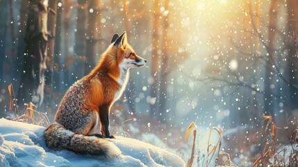 Aufkleber - winter forest and fox snowfall in forest the fox sits on the snow fox on the snow
