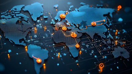 Poster - A digital visualization of a glowing global trade network map with interconnected shipping containers representing the intricate flow of international commerce and logistics