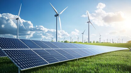 large solar power plants wind turbines, and li-ion battery containers with blue sky and clouds. 3d r