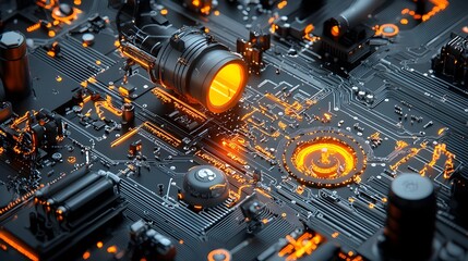 Leinwandbilder - A futuristic chemical plant or industrial facility wrapped in a detailed glowing digital mesh network representing technological advancements in automation control systems
