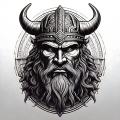 Canvas Print - A close-up illustration of a Viking warrior with a horned helmet, long beard, and intense expression.