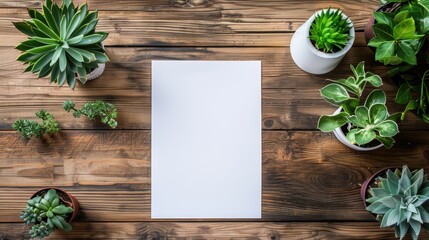 Aufkleber - Blank paper sheet copy space with mockup and plants in potted on wooden table poster and invitation with empty on desk card decoration your design or branding simplicity and minimal nobody
