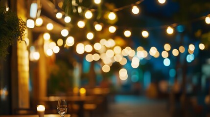 A blurred image of a restaurant patio at night with string lights, tables and chairs, and a glass of wine.