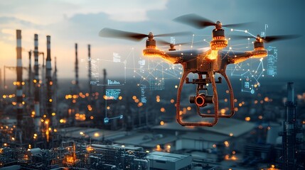 Leinwandbilder - Aerial view of a drone monitoring a futuristic industrial zone with a glowing mesh of data streams and digital infrastructure