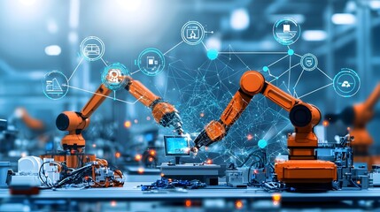 Poster - Automated robotic welding machines connected in a mesh network operating in a modern car manufacturing plant showcasing advanced industrial automation and technology