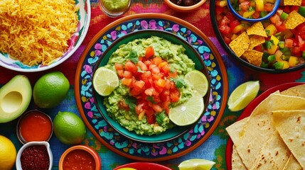 Canvas Print - A bowl of guacamole with fresh ingredients, including avocados, limes, tomatoes, and cilantro, on a colorful tablecloth.