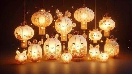 A charming artwork of illuminated Chinese lanterns in various cute shapes.