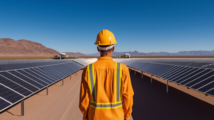 worker in orange uniform and helmet surveys solar farm under clear blue sky