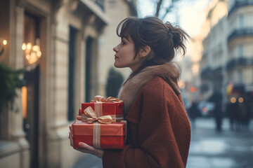 A woman dressed warmly carrying gift boxes on a cozy city street during winter creating a festive and heartwarming holiday atmosphere
