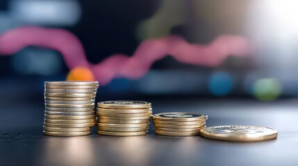 Stacks of coins on a dark surface with a financial graph in the background.