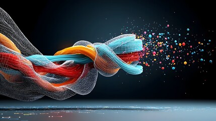 Aufkleber - Captivating abstract composition of glowing geometric mesh elements floating mid air in a sleek futuristic digital environment with a dynamic visually striking presentation