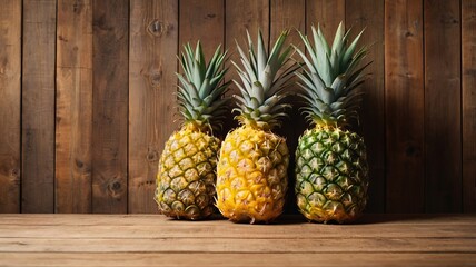 Four ripe pineapples lined up on a wooden background, featuring copy space in a tropical theme.