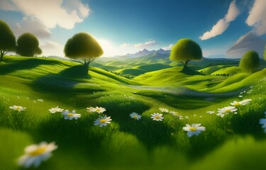 A green field with wildflowers, mountains in the background, and a blue sky with clouds.