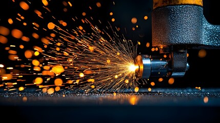 Aufkleber - Captivating scene of molten steel streams flowing through a industrial steel foundry with glowing mesh particles highlighting the intense heat and energy of the metalworking process