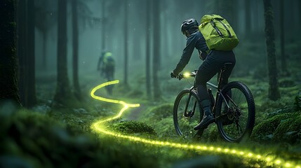 Aufkleber - Cyclist Riding Through Vibrant Forest Landscape with Glowing Mesh Pathways Highlighting the Route Digital Conceptual