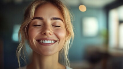 Wall Mural - A woman with blonde hair and a smile on her face